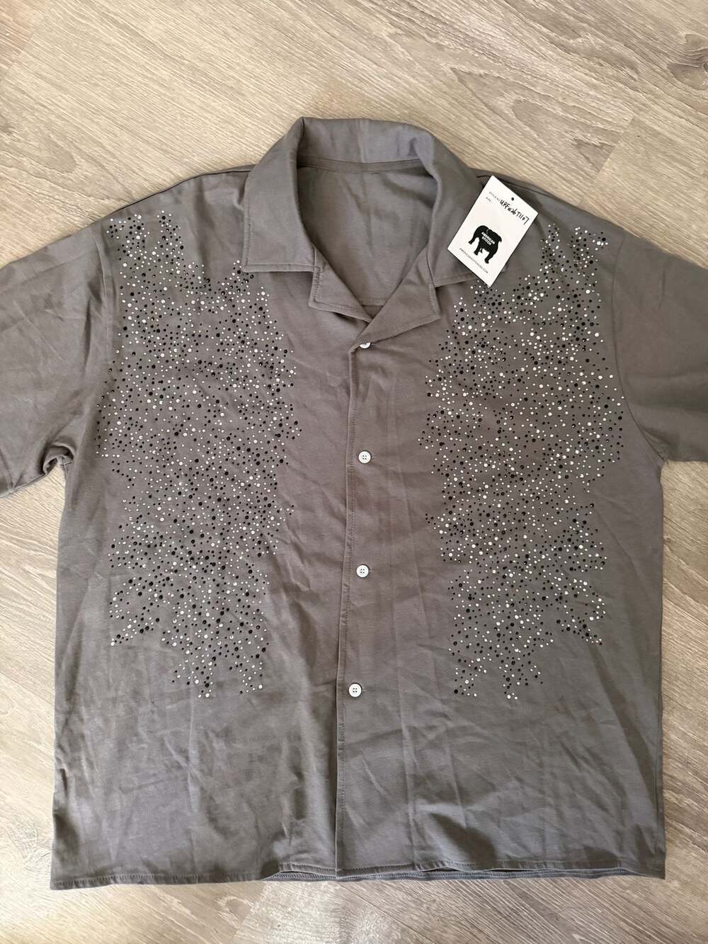 American Stitch Rhinestone Embellished Button Up Camp Shirt Gray URFw26T1107